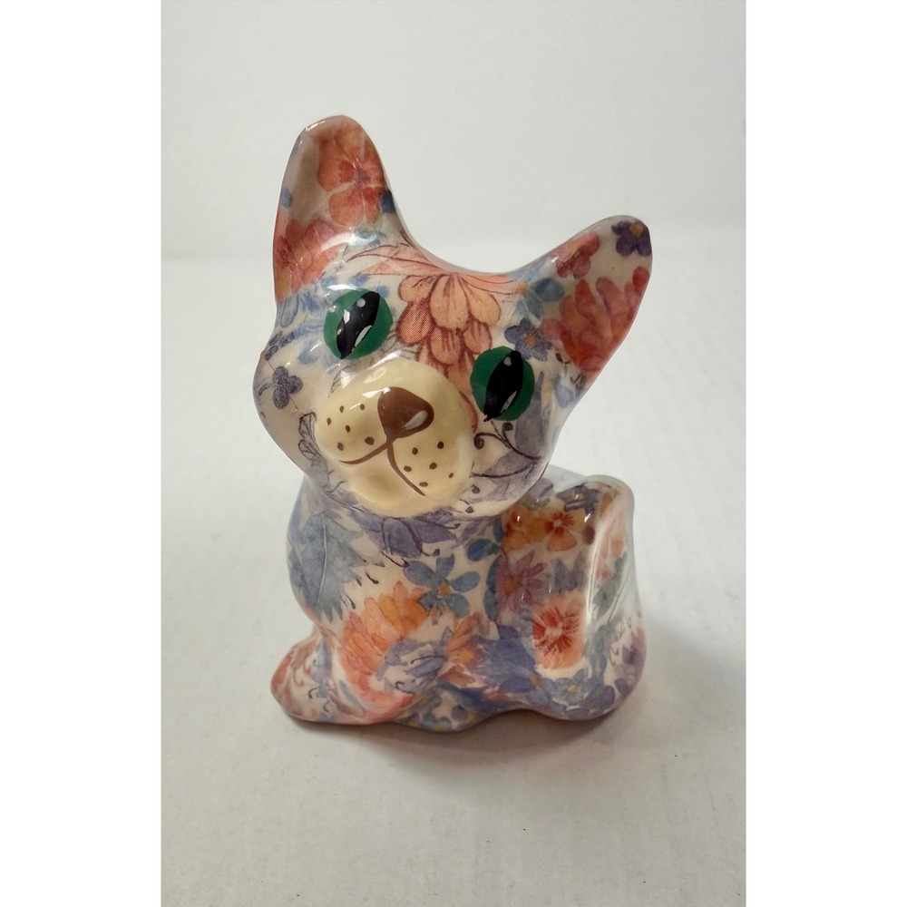 Vintage Floral Cat Figurine Chintz Multicolor Cottagecore Decoupage